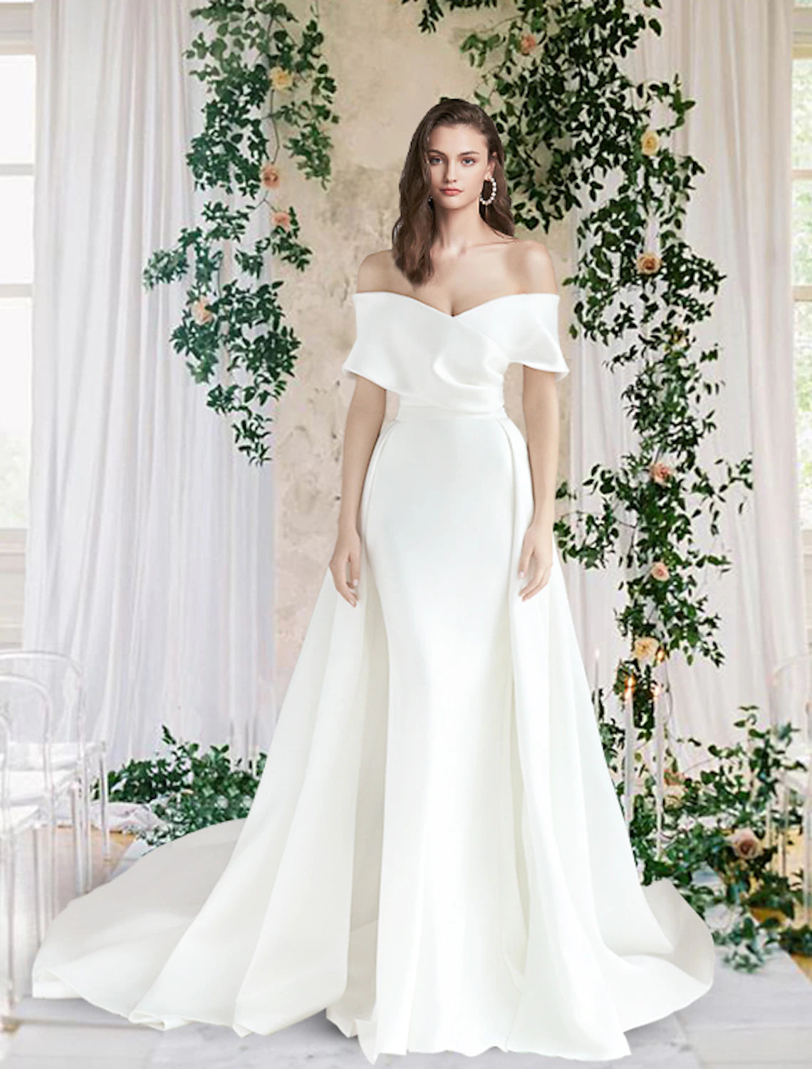 Ivory Satin Sheath/column Off-the-Shoulder Floor-Length Dress with Draped Bodice