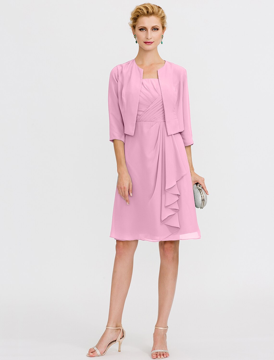 Abito da sposa a trapezio, elegante, corto/mini, in chiffon, senza maniche, con pieghe e perline, due pezzi, formale