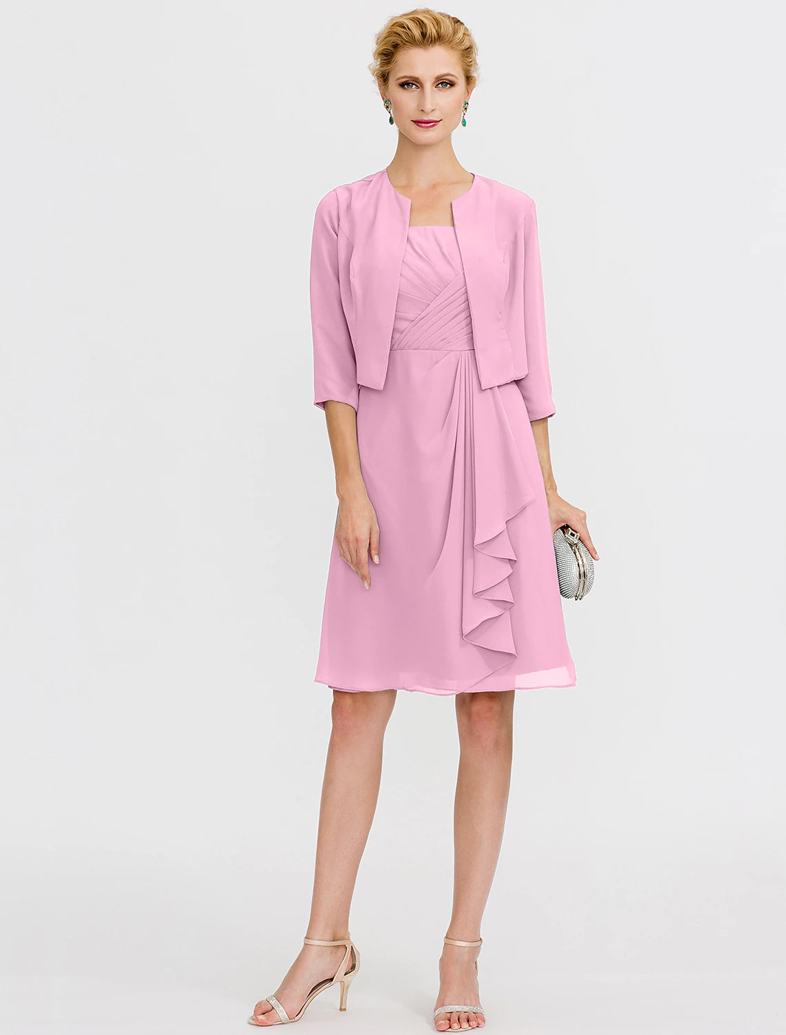 Abito da sposa a trapezio, elegante, corto/mini, in chiffon, senza maniche, con pieghe e perline, due pezzi, formale