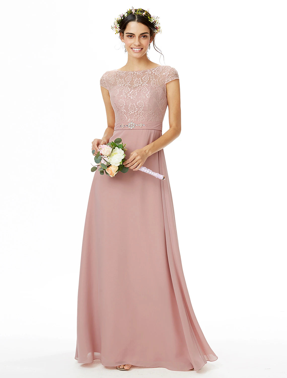 Abito da damigella d'onore a tubino/colonna, scollo a barca, manica corta, elegante, lunghezza pavimento, in chiffon/pizzo con pizzo/fascia/nastro/fiocco/i