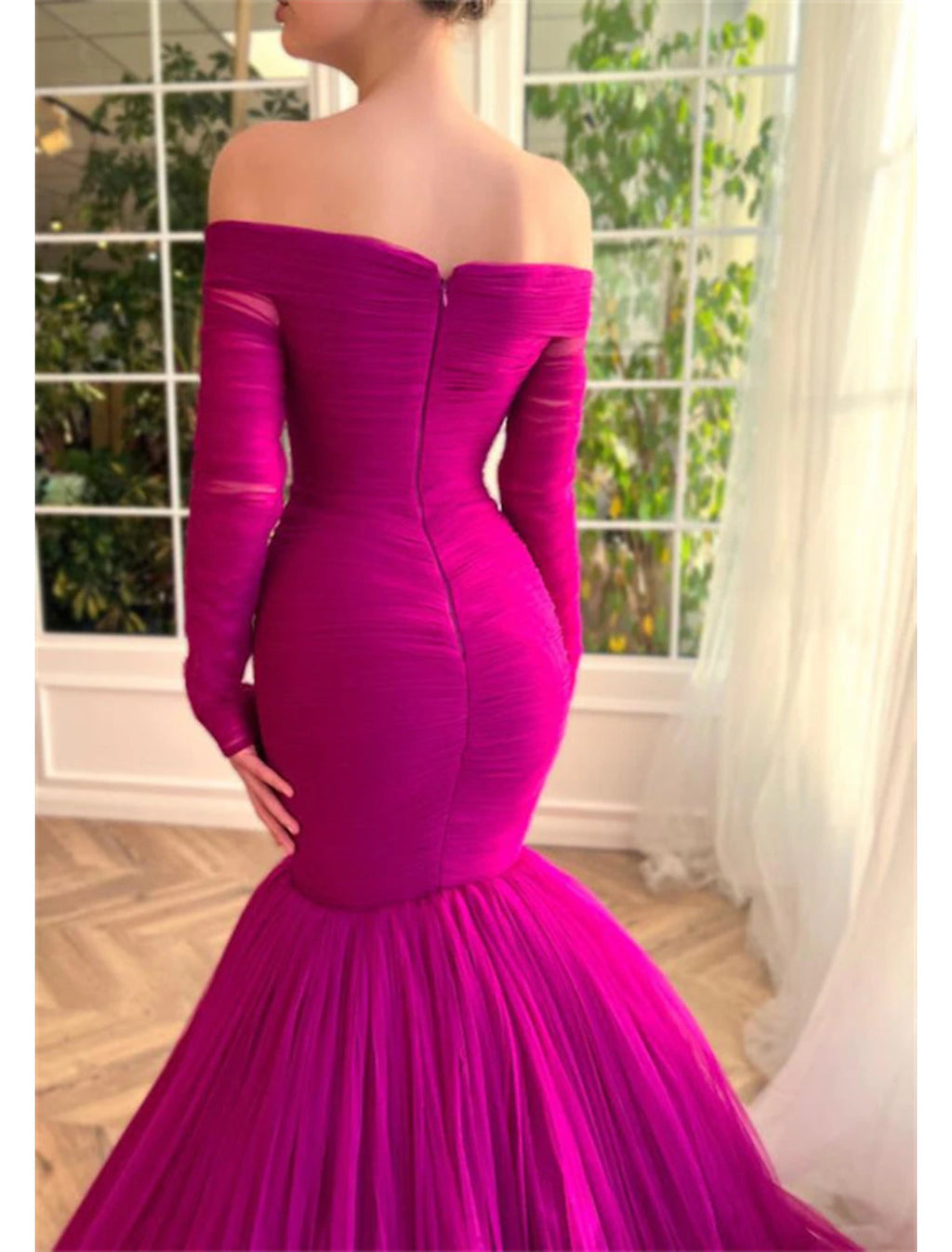 Mulberry Off-the-Shoulder Mermaid Tulle Evening Dress