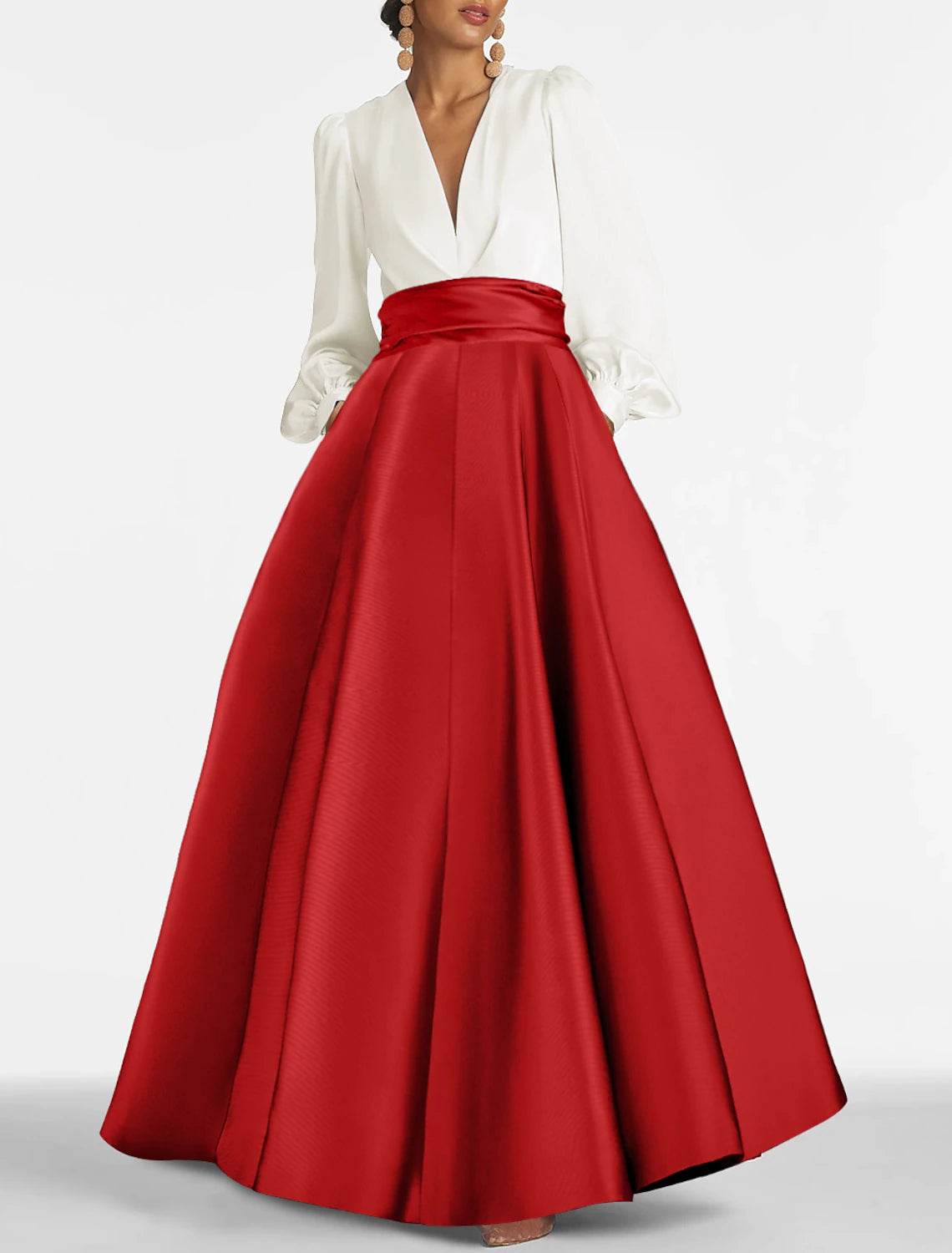 Vestido de noche de corte A, elegante vestido de invitada de boda, formal, de graduación, largo hasta el suelo, manga larga, cuello en V, satén con fruncido