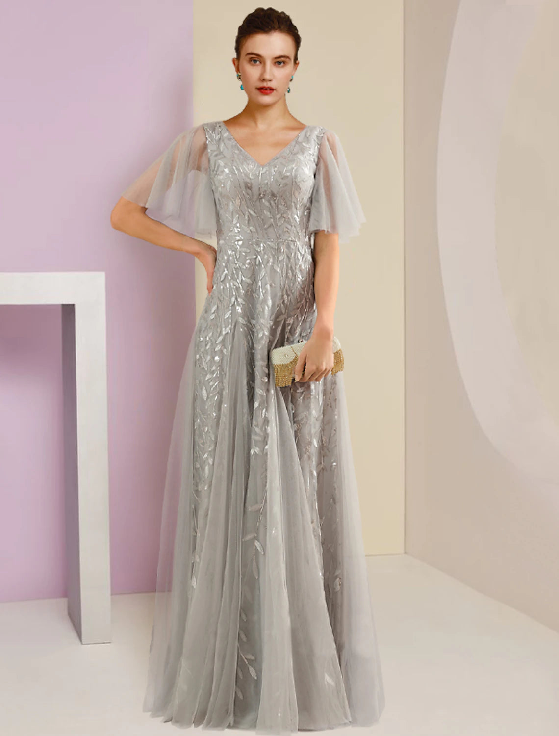 Silver Sequin V-Neck A-Line Floor-Length Dress with Flutter Sleeves
