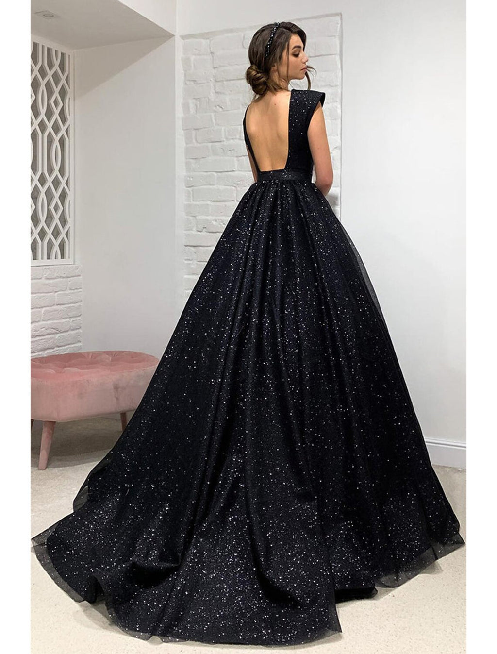 Black Glitter Ball Gown Floor-Length Evening Dress with Plunging V Neck