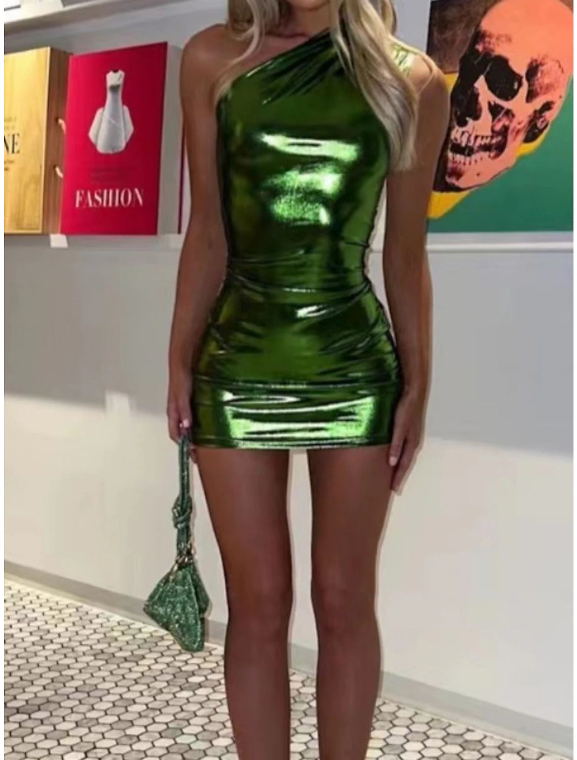 Abito da festa da donna, abito da ballo, abito da invitata a nozze, miniabito blu oro verde senza maniche, colore puro, arricciato, estivo, primavera, autunno, monospalla, festa, vacanza, abito estivo