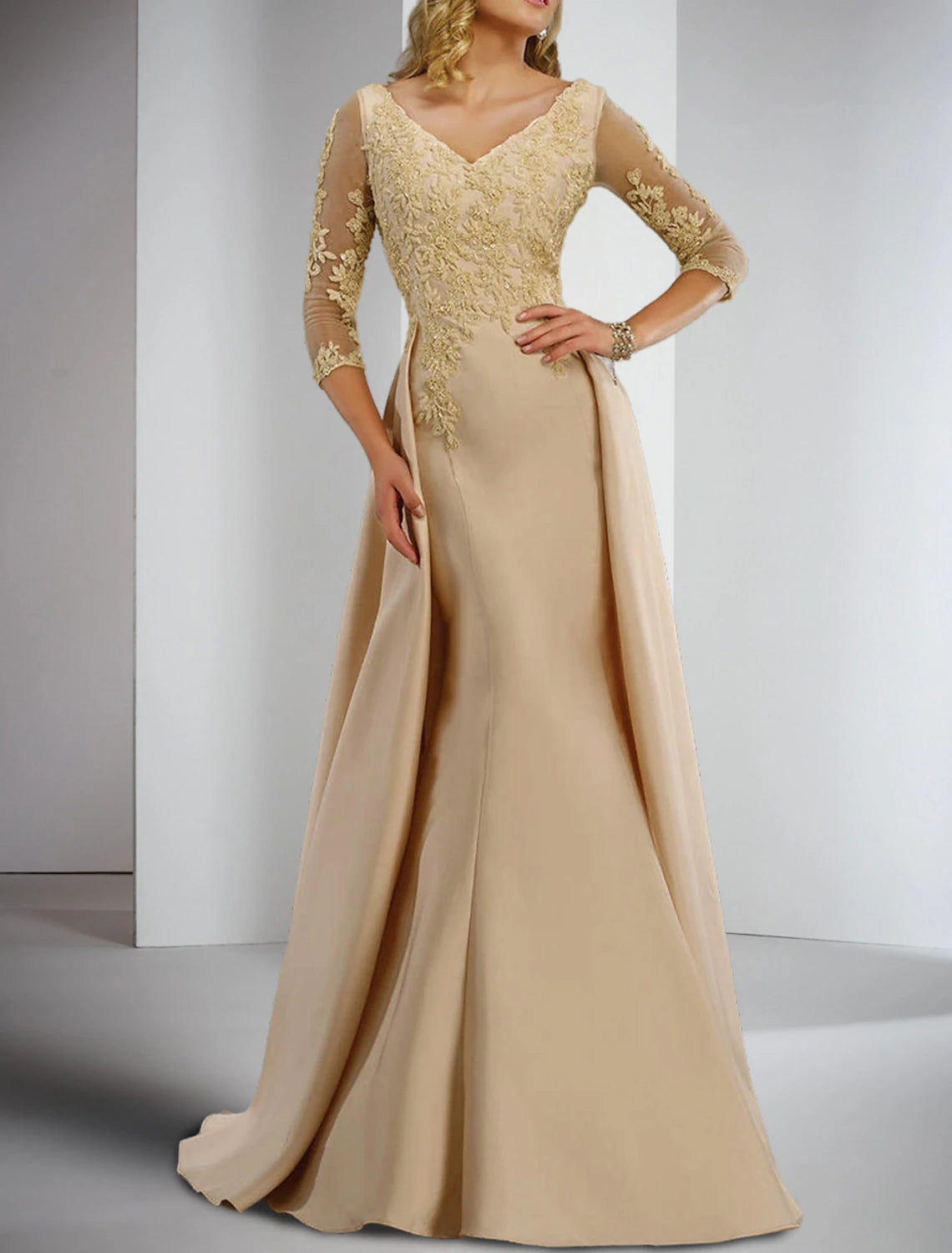 Champagne Satin Mermaid Floor-Length V-Neck Dress with Lace Bodice