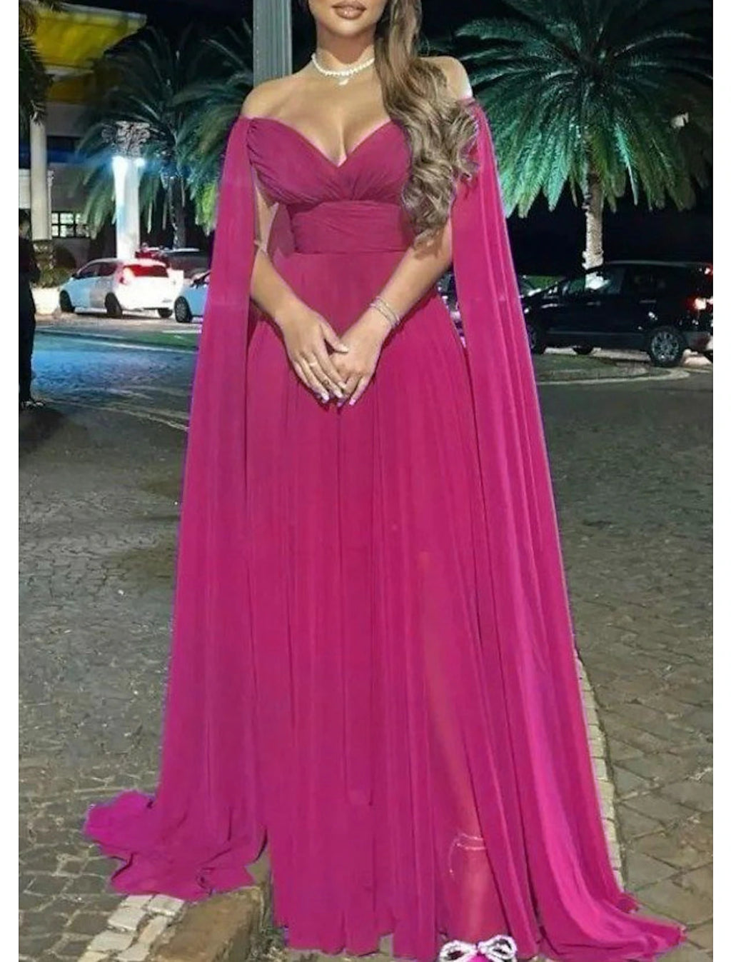 Vestido de noche elegante de corte A, vestido formal para boda, fiesta, cola larga, sin mangas, hombros descubiertos, capas de gasa con pliegues