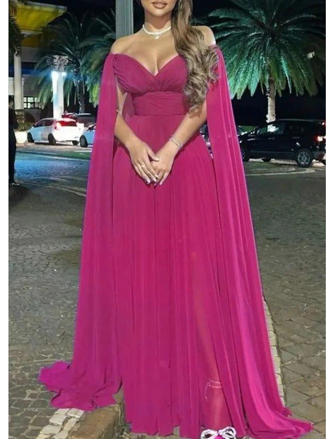 Pink Chiffon Off-the-Shoulder A-Line Floor-Length Evening Dress