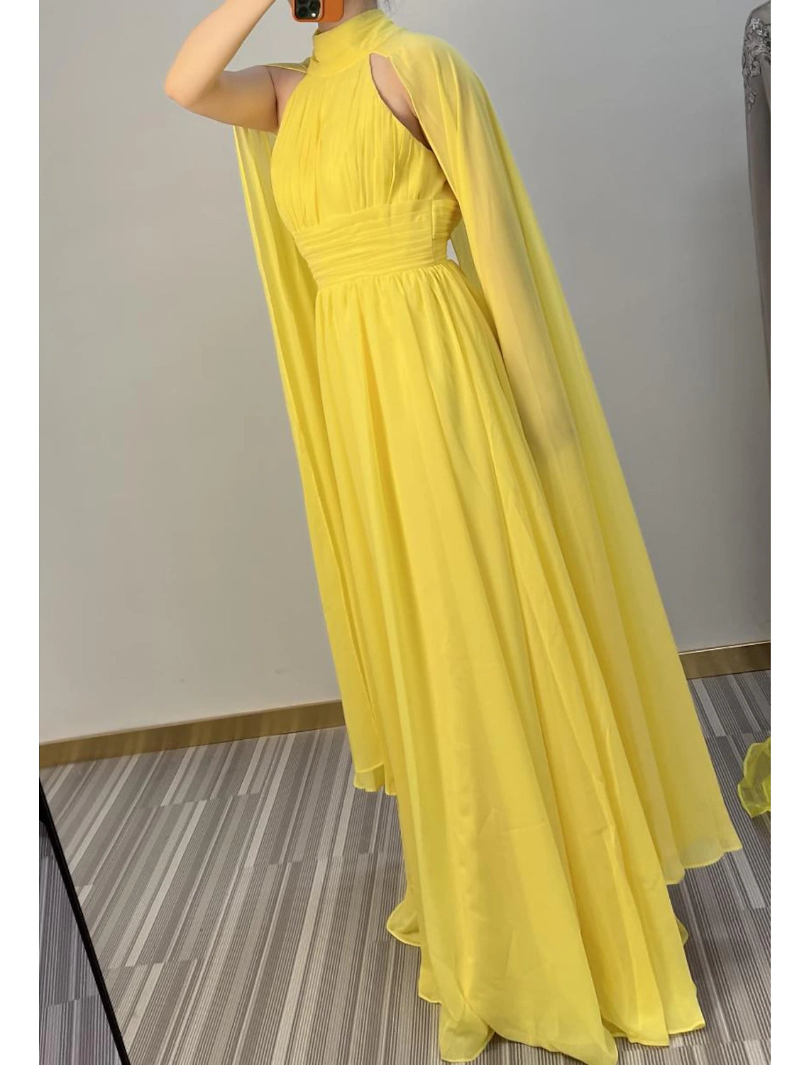 Yellow Chiffon A-Line Halter Neckline Floor-Length Evening Dress with Flowing Cape Sleeves