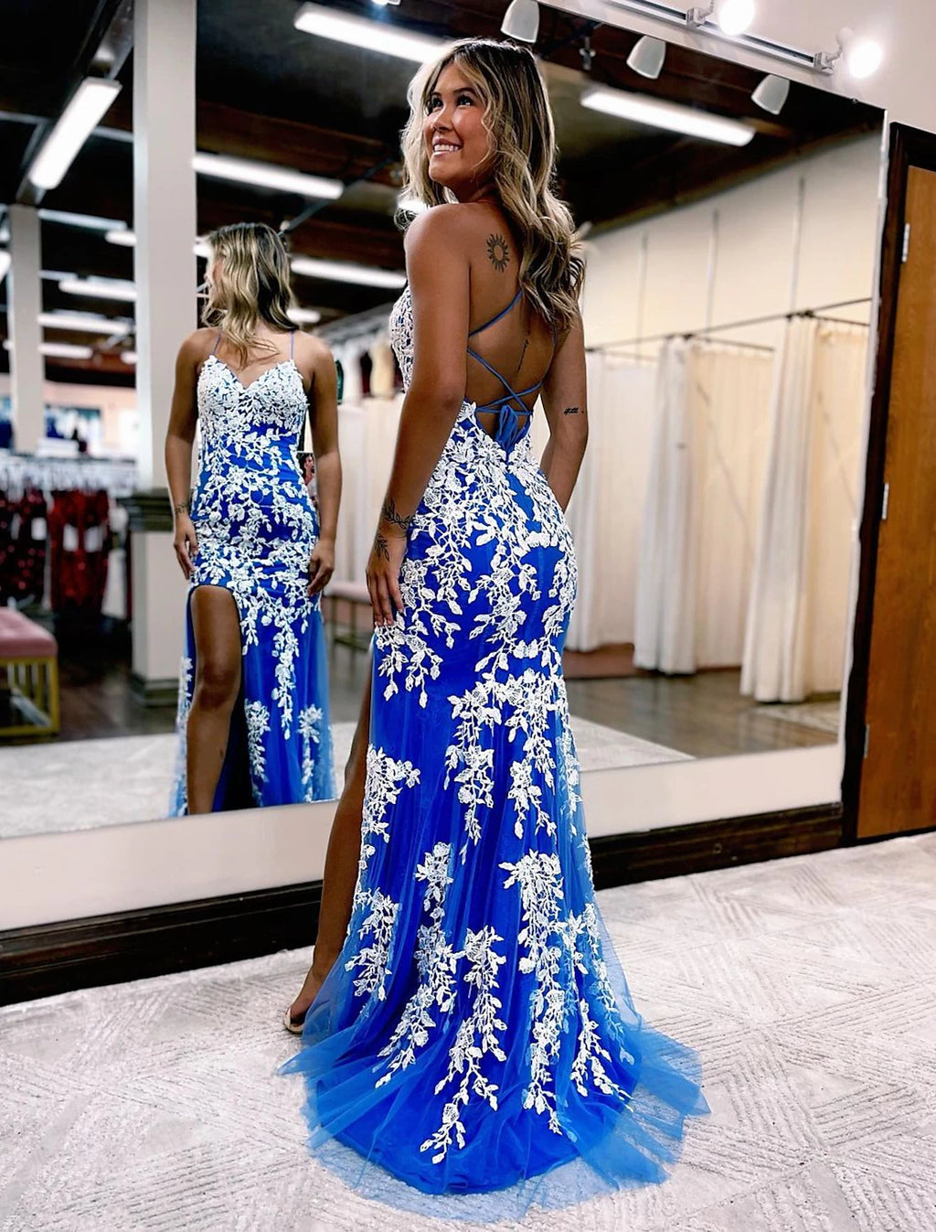 Royal Blue Lace Tulle Sweetheart Sheath Floor-Length Evening Dress