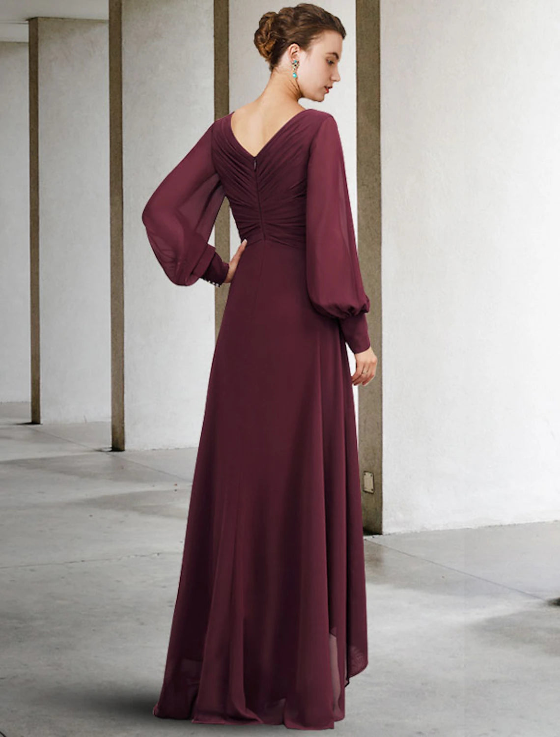 Burgundy Chiffon A-Line High-Low Bridesmaid Dress with Ruched V-Neck