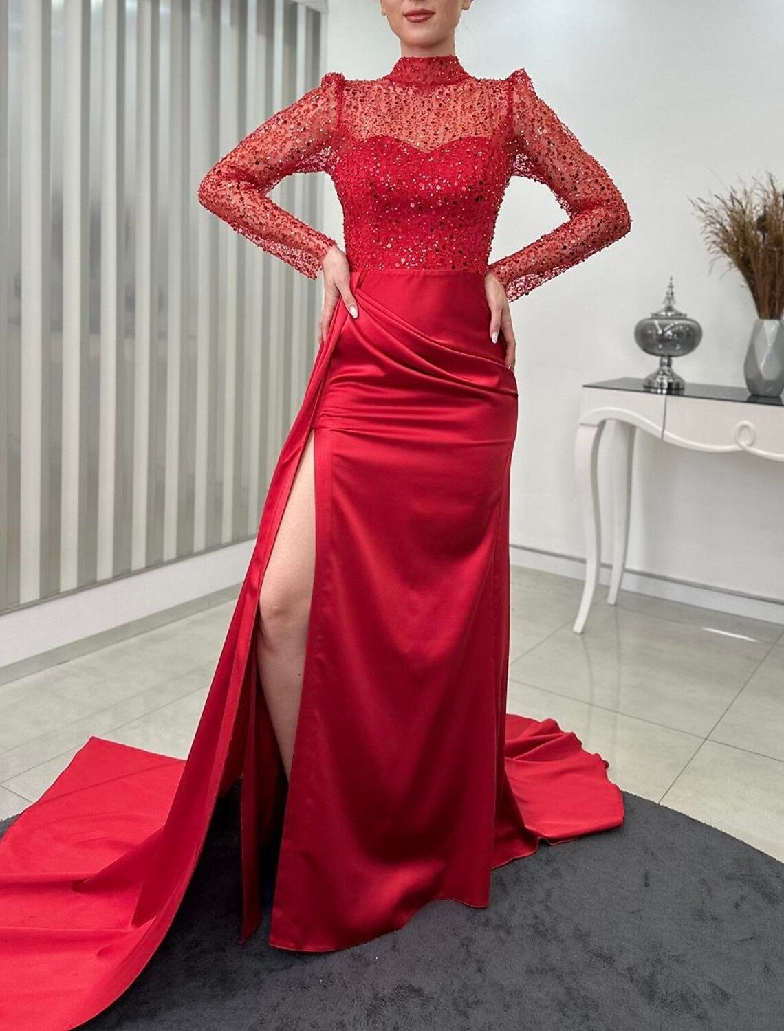 Mermaid / Trumpet Evening Gown Elegant Dress Wedding Guest Fall Court Train Long Sleeve High Neck Satin with Ruched Pearls Slit