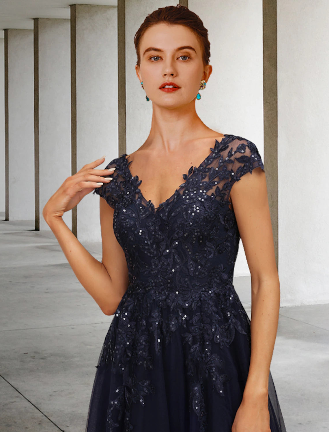 Dark Navy Tulle A-Line Floor-Length Evening Dress with Lace & Sequins