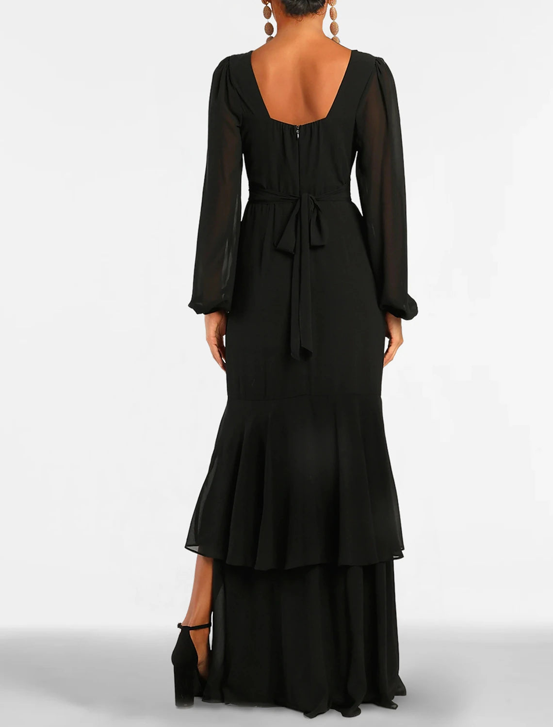 Black Chiffon V-Neck Sheath/column Floor-Length Evening Dress with High Slit and Sheer Puff Sleeves