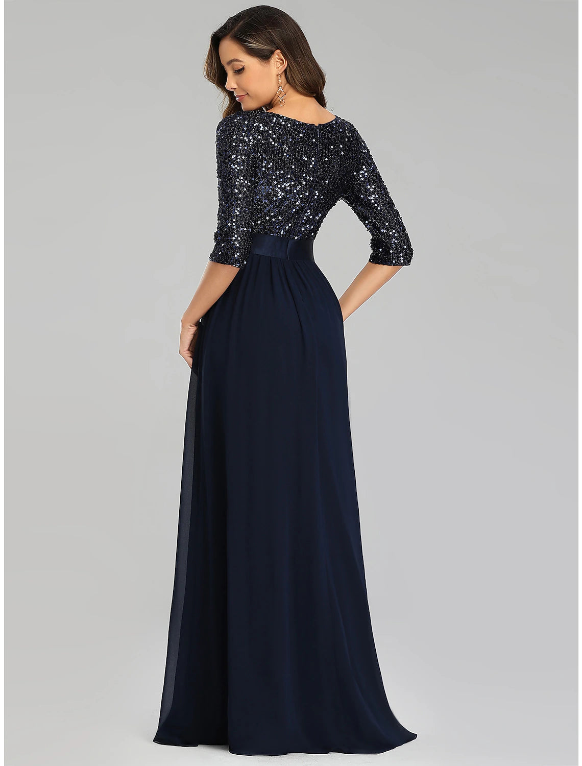 Dark Navy Sequin & Chiffon A-Line Floor-Length Evening Dress with Scoop Neck