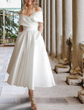 Vestidos de novia blancos de recepción, corte A, hombros descubiertos, mangas cortas, largo hasta la rodilla, de satén, con pliegues y fruncido.
