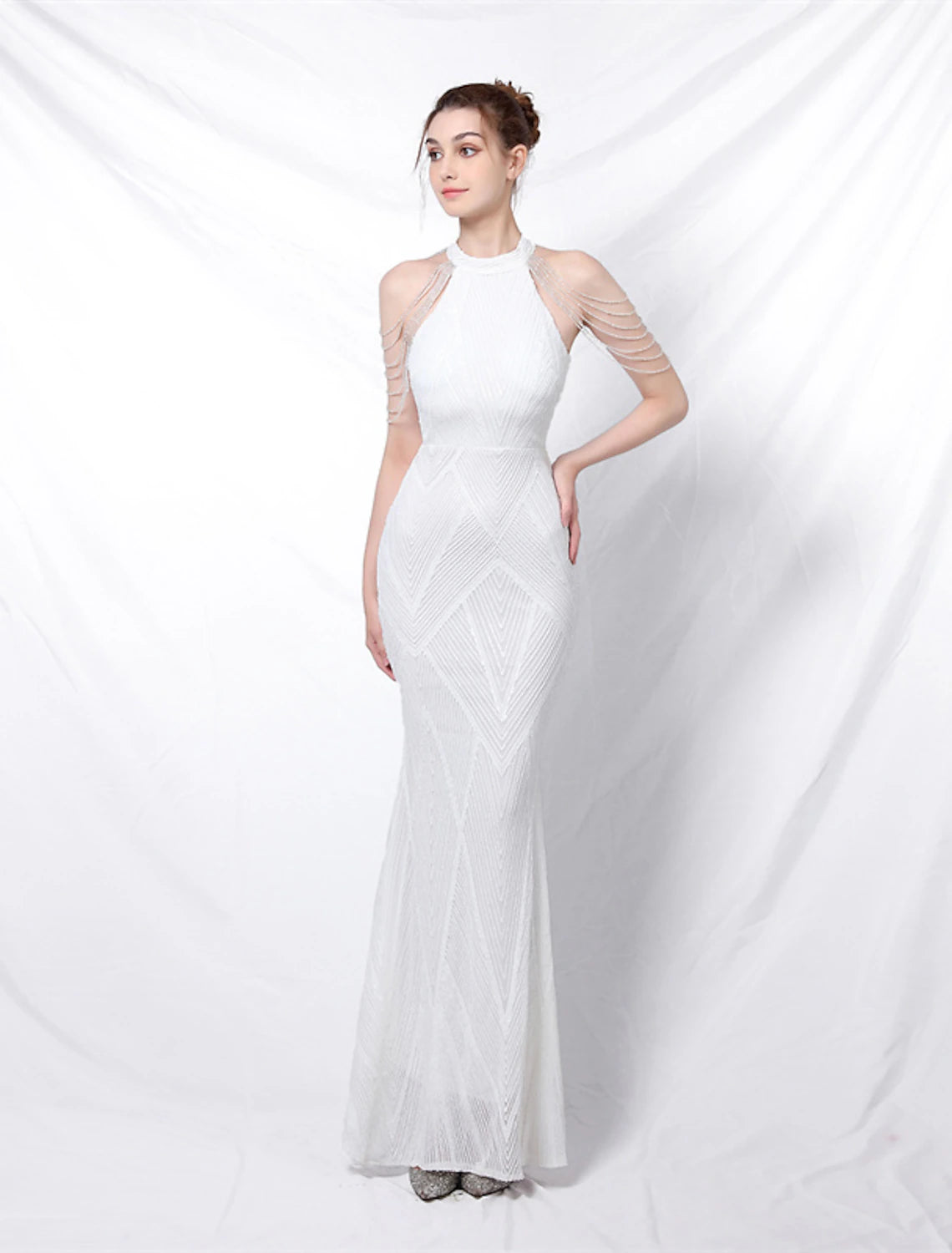 White Sequin Mermaid Floor-Length Dress with High Neck and Chain Shoulder Details
