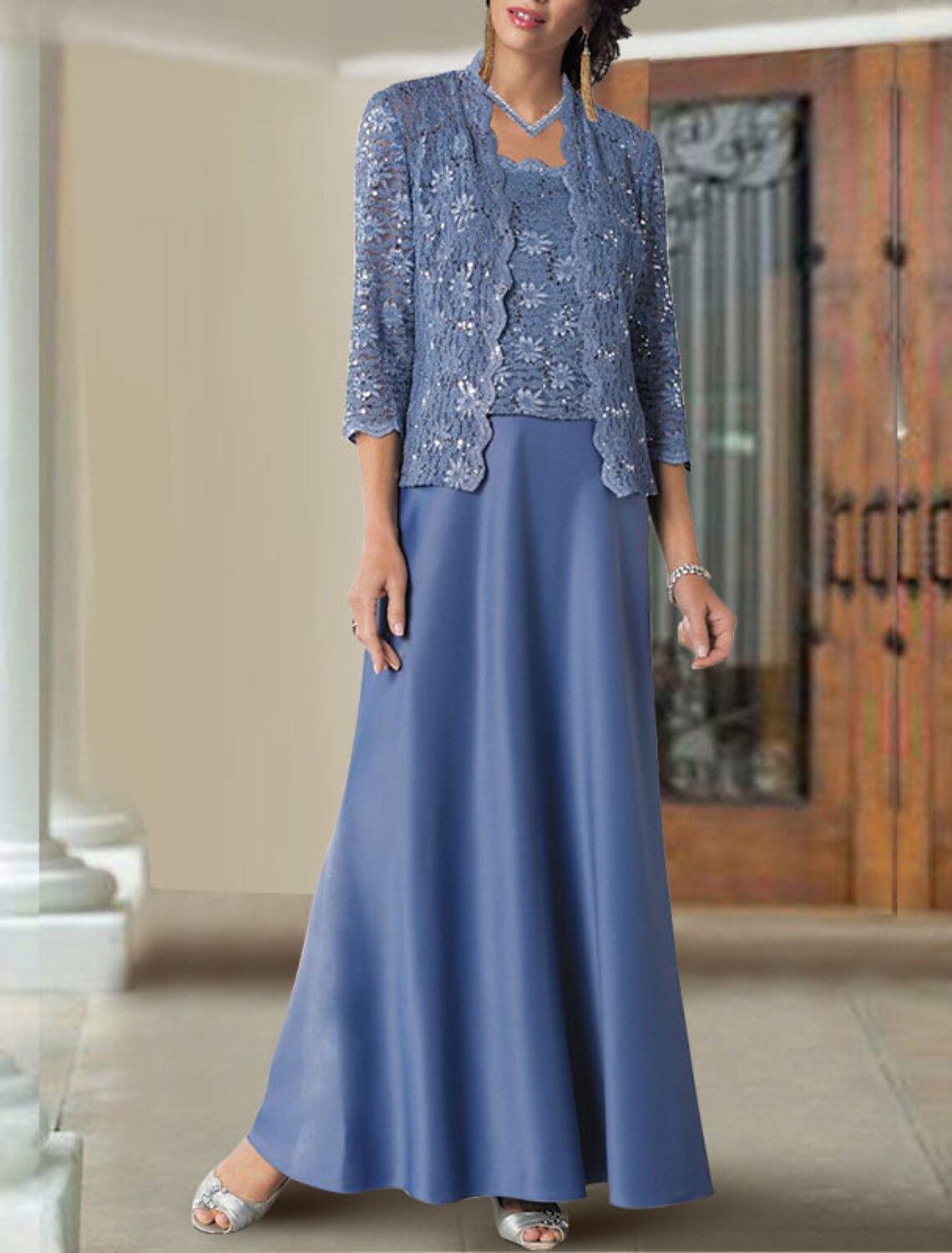 Vestido elegante de dos piezas de corte A para madre de la novia, escote cuadrado, tirantes finos, largo hasta el suelo, de gasa, encaje, sin mangas, cruzado incluido con color sólido