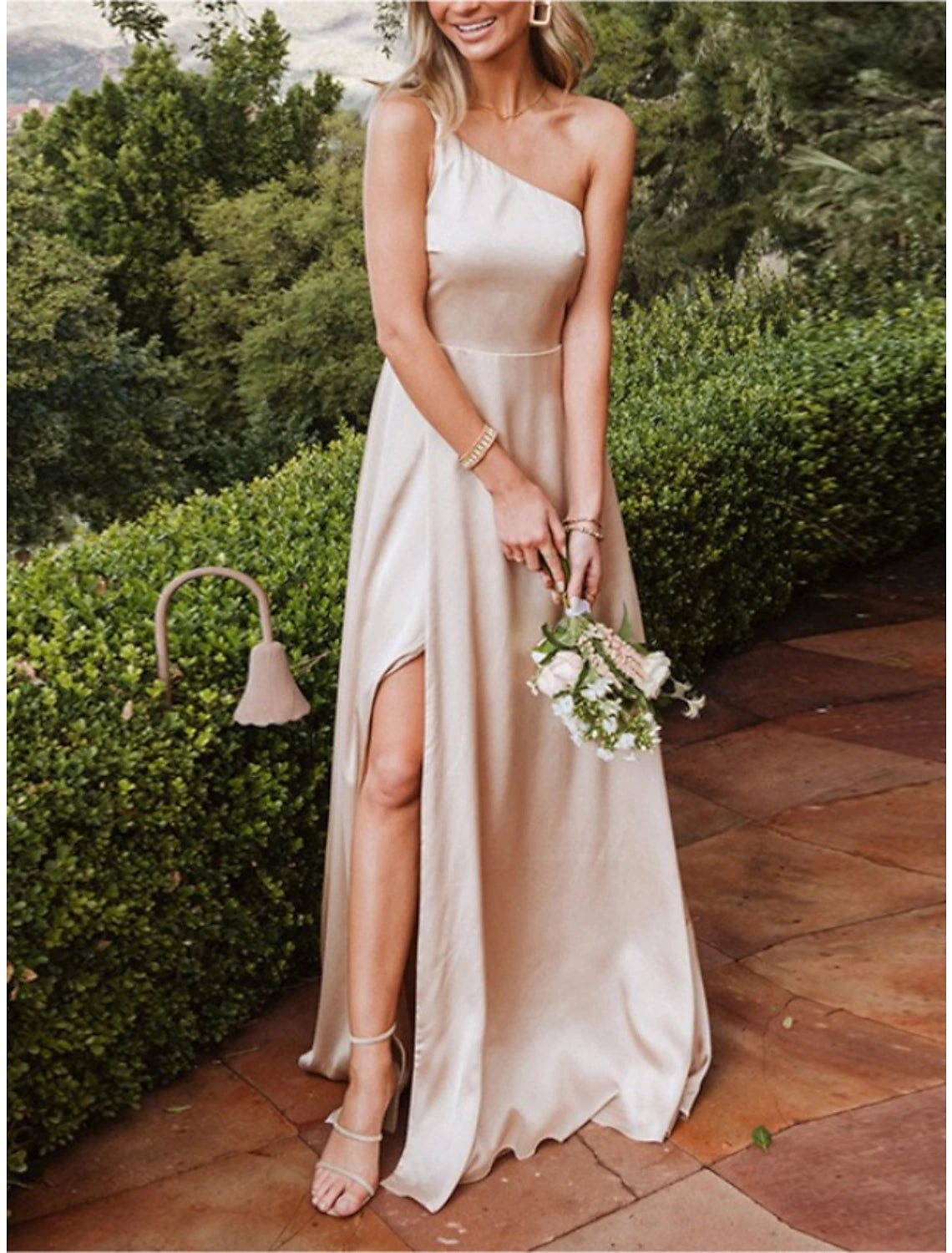 Champagne Satin A-Line One Shoulder Floor-Length Bridesmaid Dress with High Slit