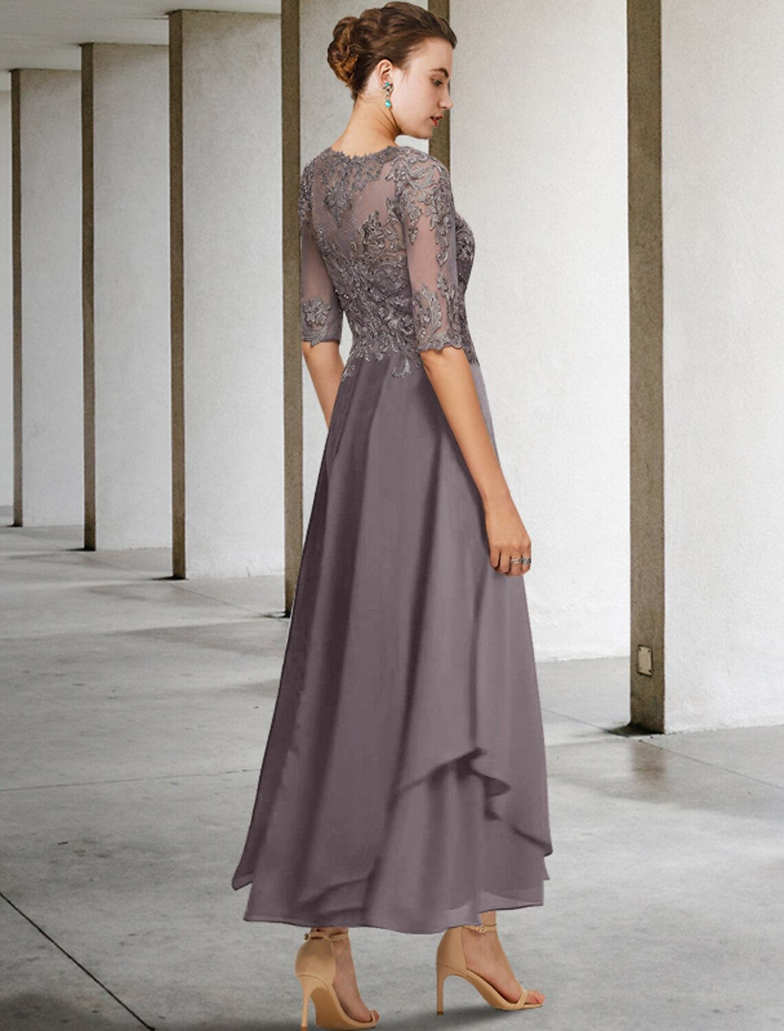 Vestido de madre de la novia de corte A, formal, para invitada de boda, elegante, escote redondo, asimétrico, largo hasta el tobillo, de gasa, con encaje, media manga, sin mangas, con apliques de cuentas