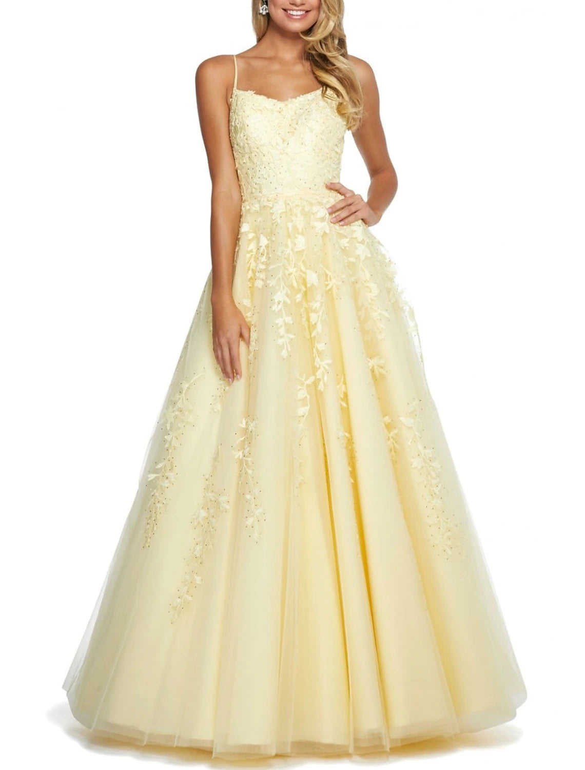 Abiti da ballo a trapezio, eleganti, formali, lunghi fino al pavimento, senza maniche, con spalline sottili, in pizzo, senza schienale, con applicazioni di ricami glitterati