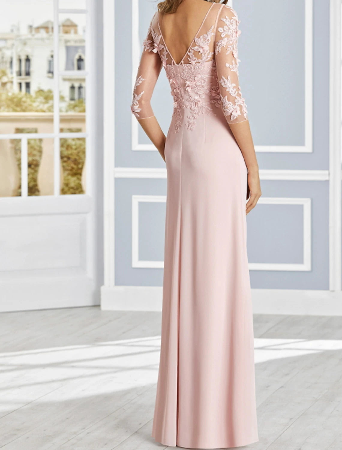 Vestido de noche formal de compromiso con flores, de lujo, con corte en forma de tubo/columna, escote ilusión, media manga, largo hasta el suelo, de gasa con volantes y apliques drapeados.