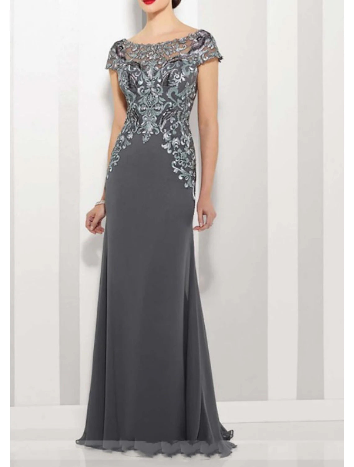 Abito da madre della sposa a trapezio, elegante, con scollo gioiello, lunghezza pavimento, in chiffon, pizzo, maniche corte con applicazioni in pizzo