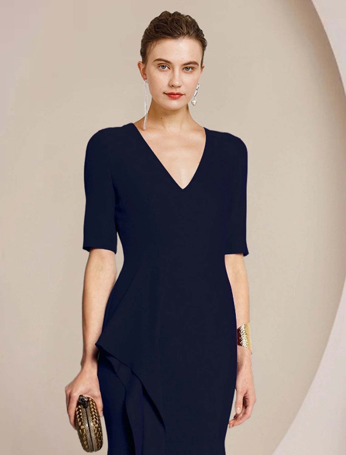 Vestido de Madre de la Novia con Corte en Columna, Formal, para Invitadas de Boda, Elegante, Escote en V, Largo hasta el Suelo, Satén, Media Manga con Fruncido Frontal Abierto