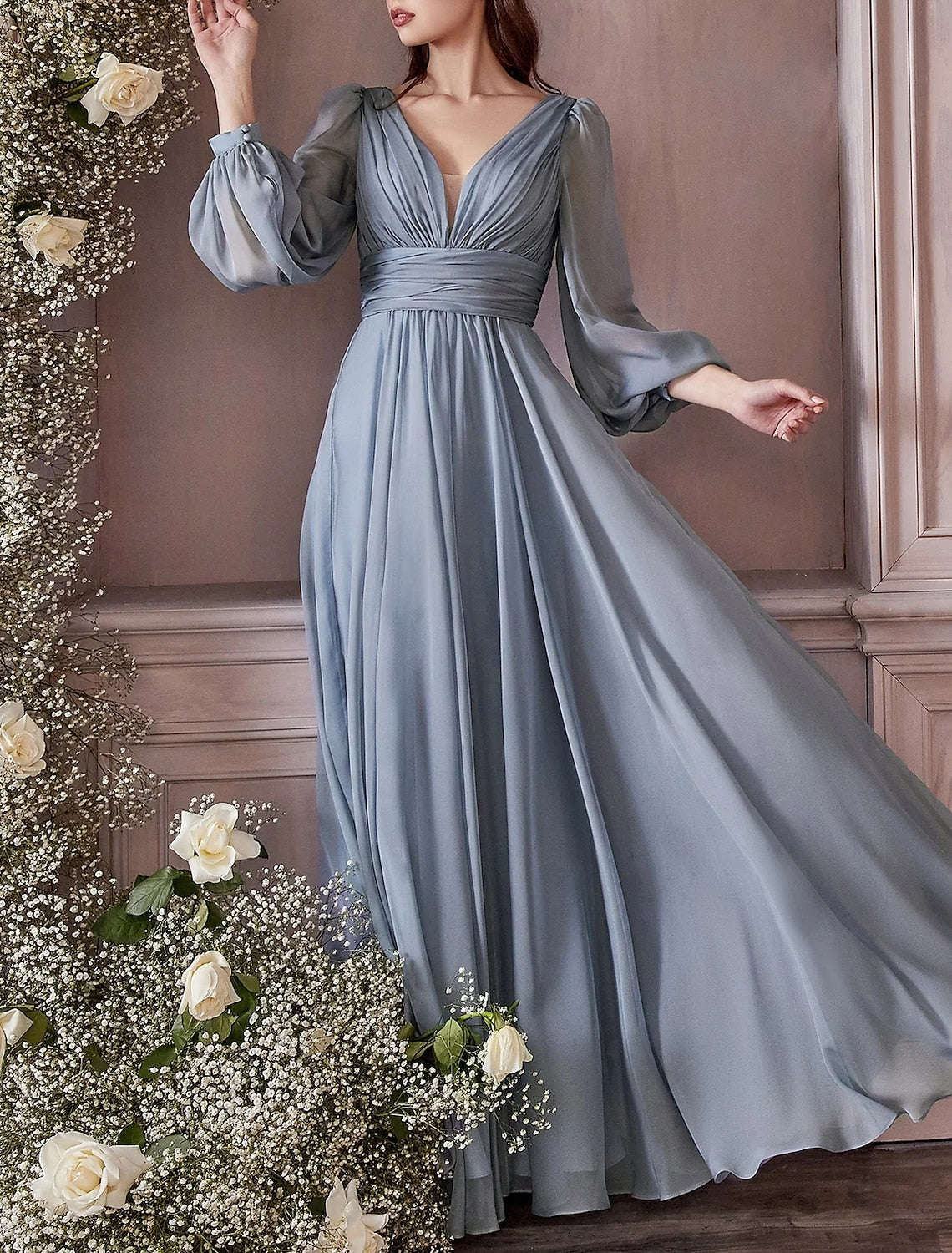 Vestido elegante de fiesta para invitada de boda, corte tubo/columna, largo hasta el suelo, manga larga, escote en V, gasa con pliegues y abertura para invitada de boda de otoño 2025