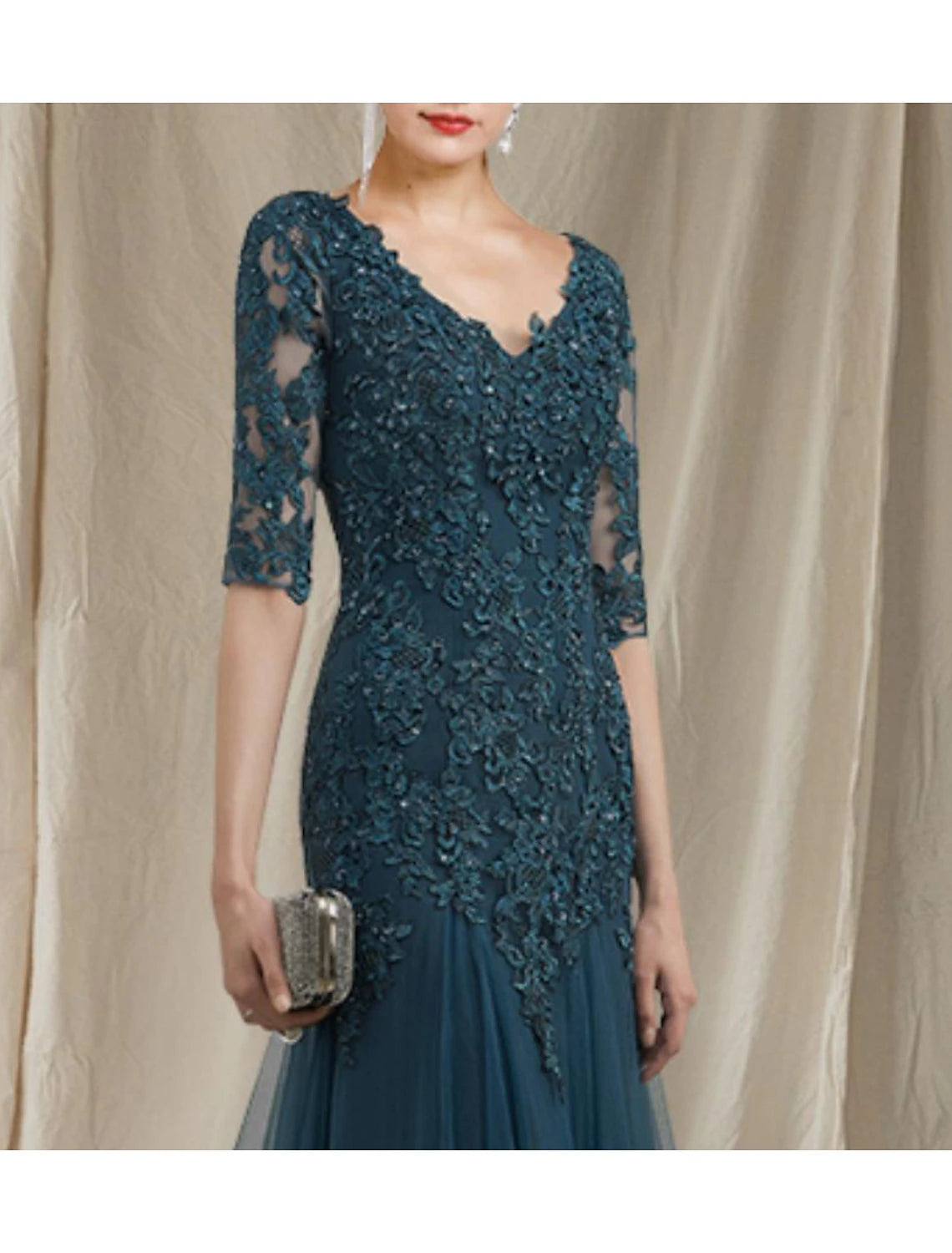 Abito da madre della sposa a trapezio, elegante, con scollo a V, strascico a ruota, in pizzo, tulle, mezza manica, senza applicazioni di volant