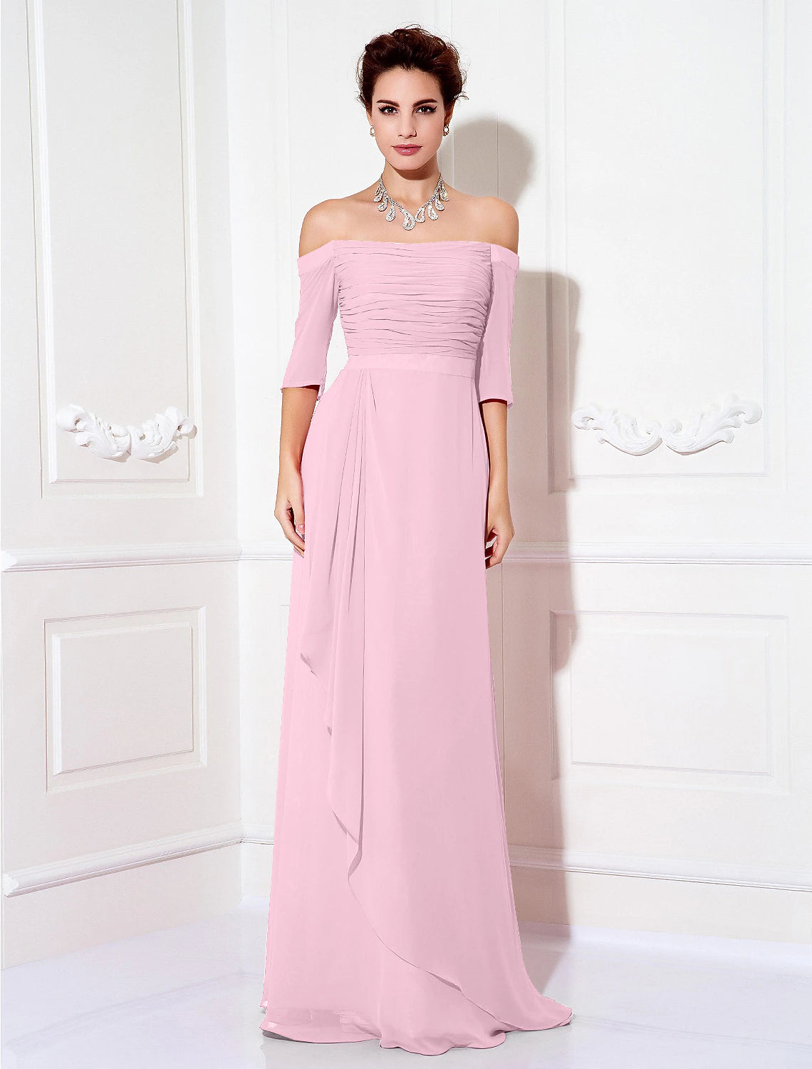 Coral Chiffon A-Line Off-the-Shoulder Floor-Length Bridesmaid Dress with Ruched Bodice