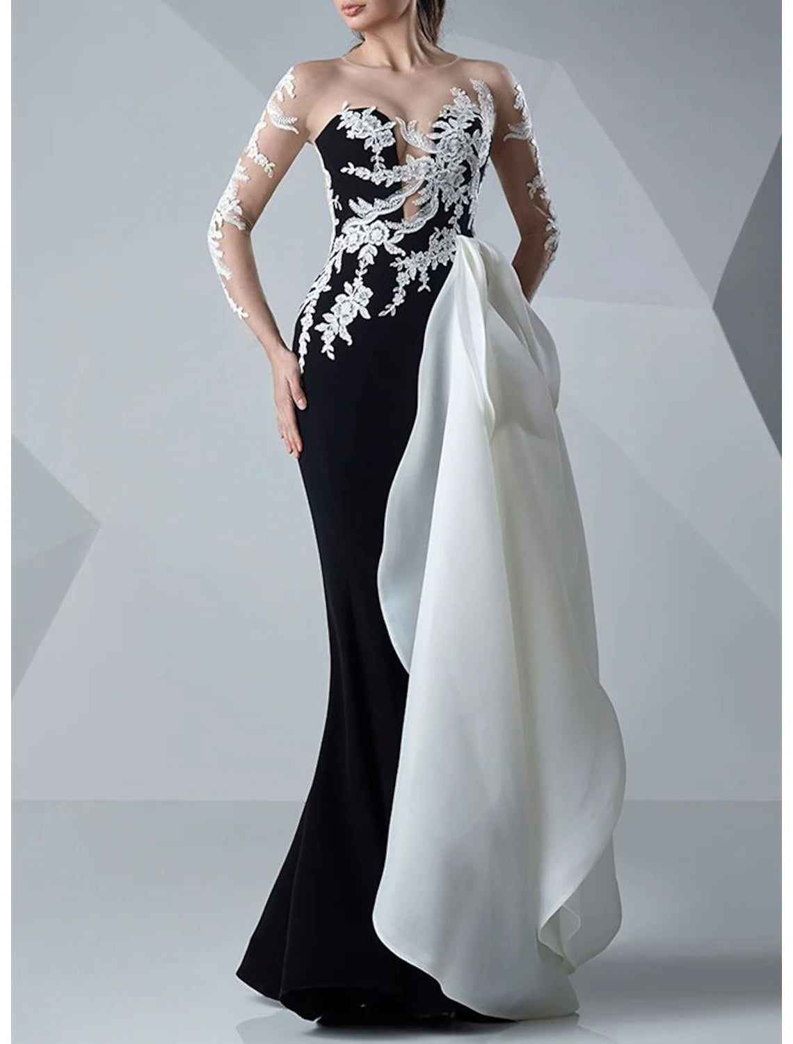 Black Crepe Mermaid Floor-Length Evening Dress with Illusion Neck & Lace Appliqué Sleeves