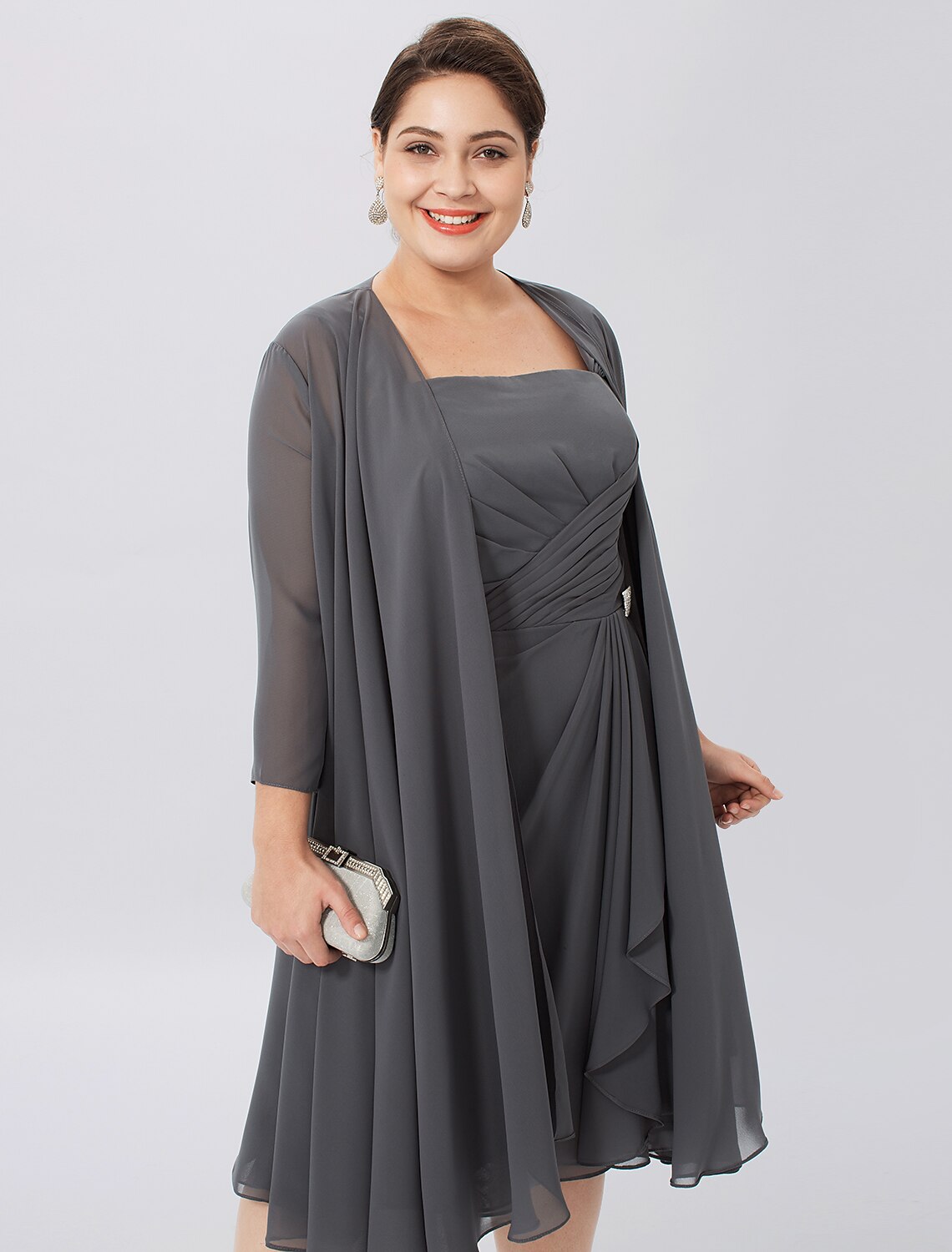 Abito da madre della sposa a trapezio, elegante, taglie forti, con spalline, lunghezza al ginocchio, in chiffon, senza maniche, con pieghe incrociate