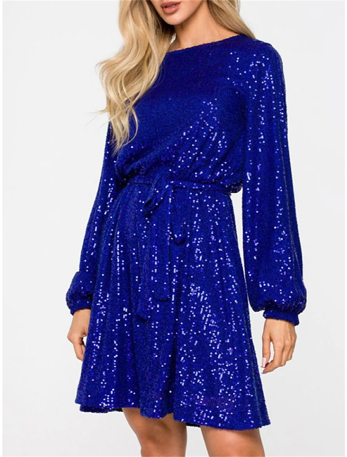 Abito da donna con paillettes nere, abito da festa, abito scintillante, abito da ballo, abito da cocktail, abito midi, nero champagne, manica lunga, glitter scintillanti, con lacci, autunno inverno, girocollo, da invitata a nozze