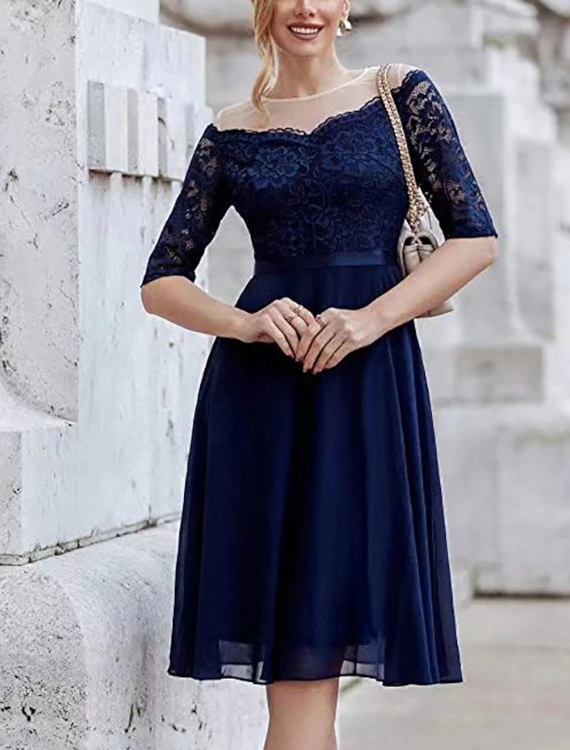 Burgundy Lace Illusion Neck A-Line Knee-Length Dress