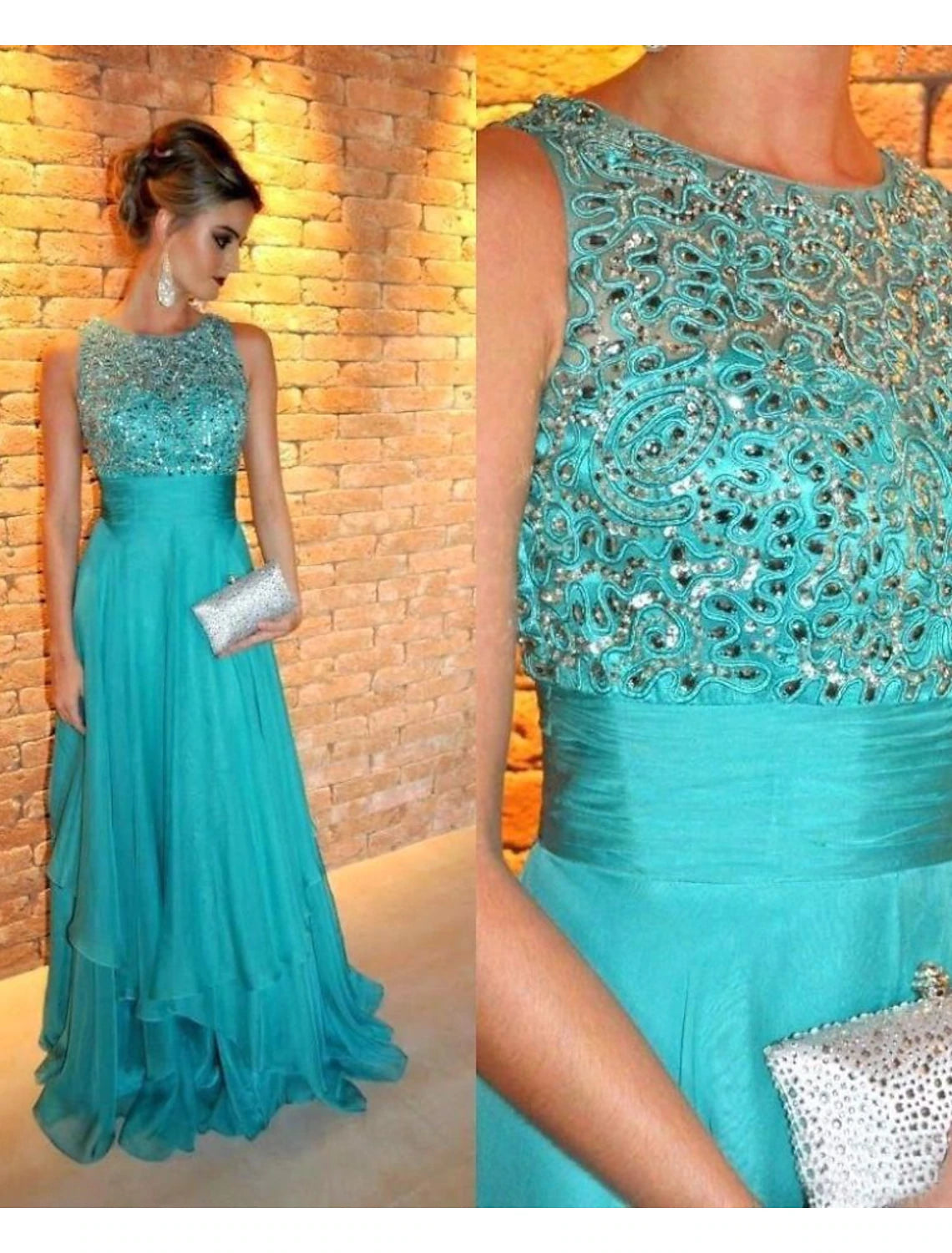 Teal Chiffon A-Line Floor-Length Dress with Embellished Bodice, Layered Skirt, Scoop Neck & Back Zip