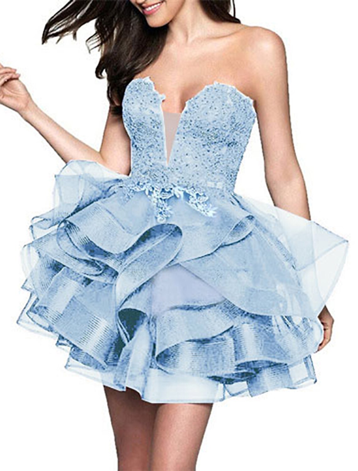 A-Line Minimalist Party Wear Sleeveless Strapless Satin with Appliques Tiered Short/Mini Homecoming Dresses
