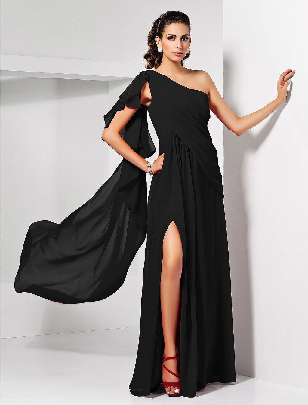 Red Chiffon A-Line Floor-Length Dress with One Shoulder & High Slit
