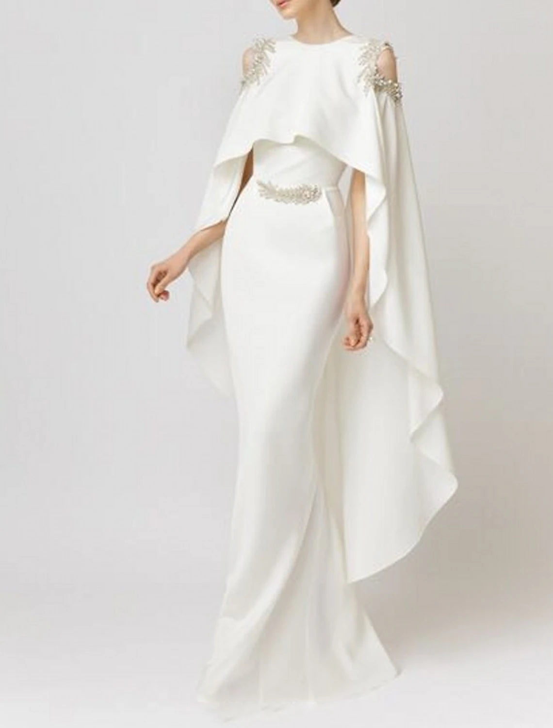 Mermaid / Trumpet Evening Gown Maxi Dress Formal Wedding Guest Floor Length Sleeveless Jewel Neck Capes  Chiffon with Appliques