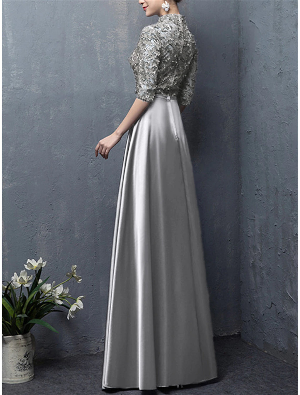 Vestido de Madre de la Novia de Corte A para Invitadas de Boda, Elegante, Vintage, Cuello Alto, Largo hasta el Suelo, Satén, Media Manga con Lazo(s), Apliques
