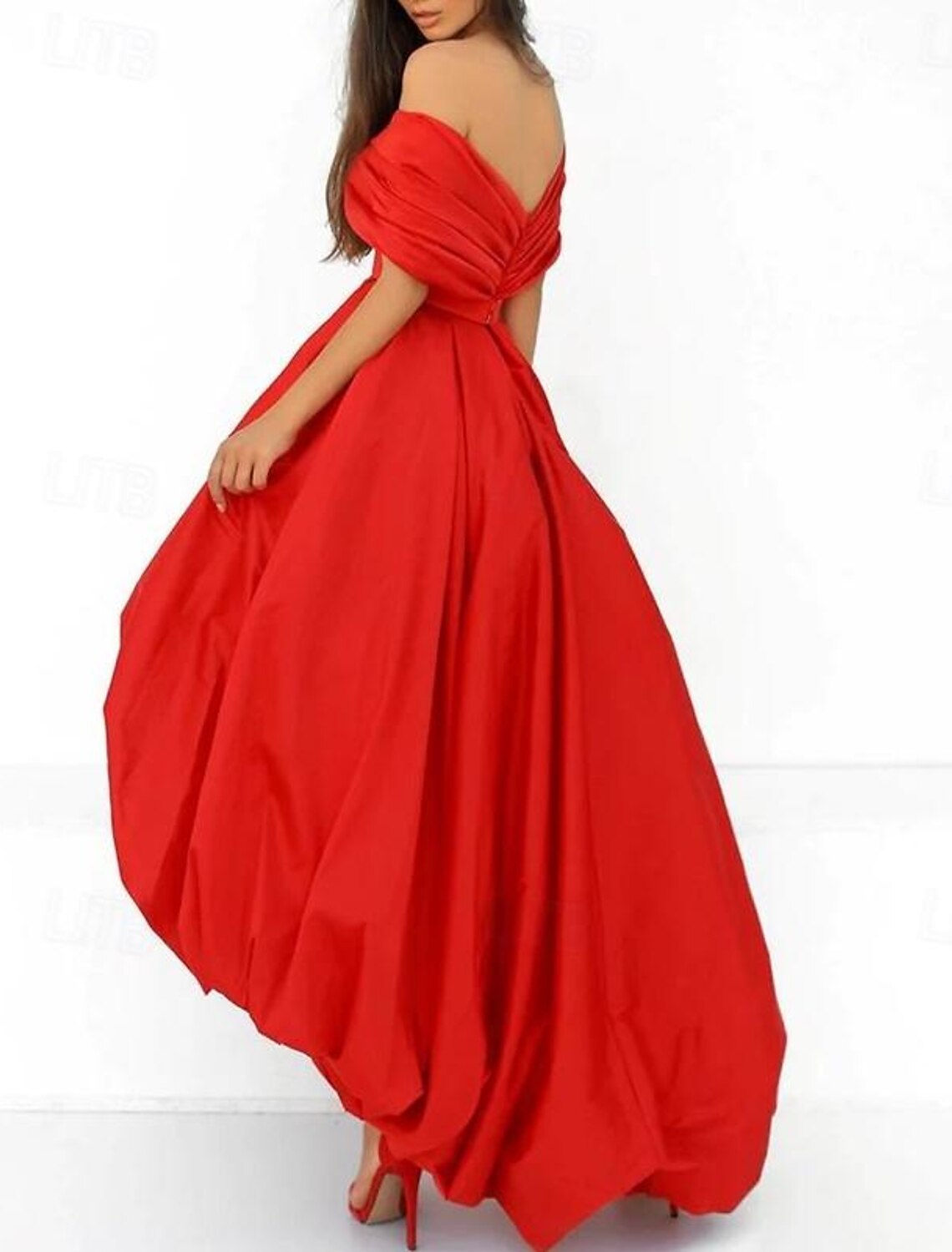 Red Satin Off-the-Shoulder A-Line Asymmetrical Evening Dress
