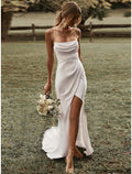 Vestidos de novia casuales sexis de playa, corte tubo/columna, camisola cuadrada, tirantes finos, cola larga/cepillo, vestidos de novia de tela con abertura frontal fruncida
