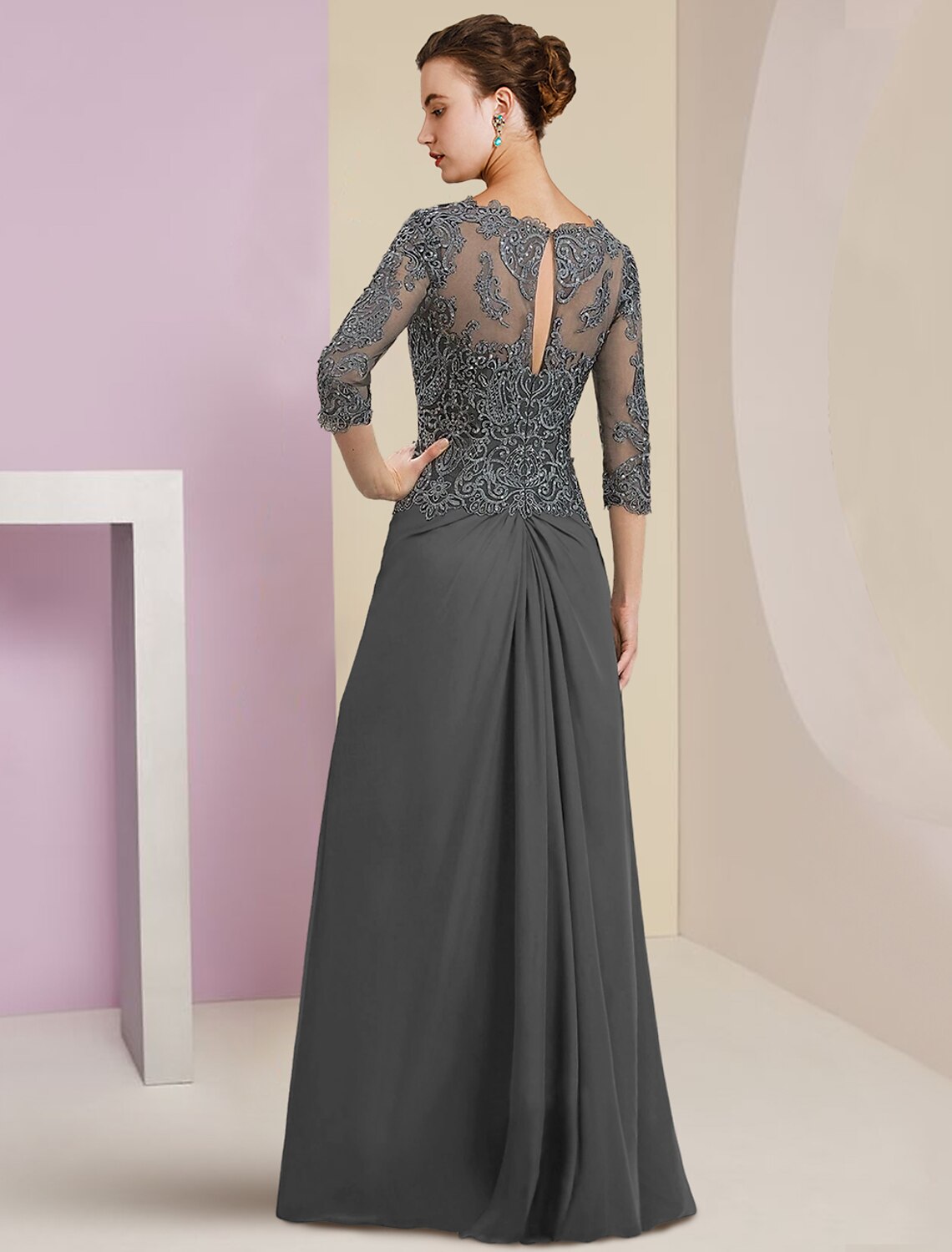 Vestido de madre de la novia con corte tubo/columna, elegante, para invitada de boda, escote en V, largo hasta el suelo, de gasa, con encaje, mangas 3/4 y apliques