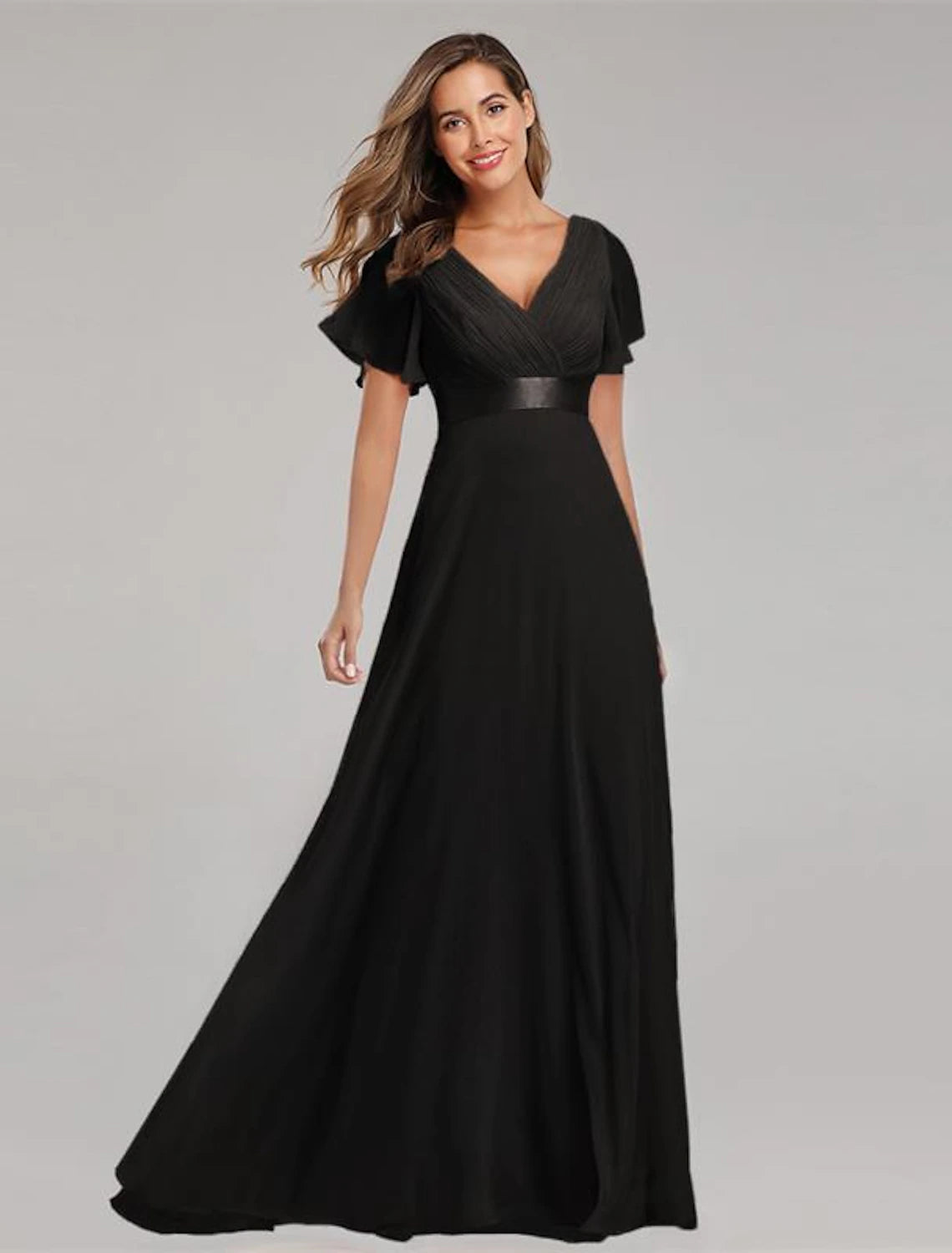 Burgundy Chiffon A-Line Floor-Length Bridesmaid Dress with V-Neck and Flutter Sleeves