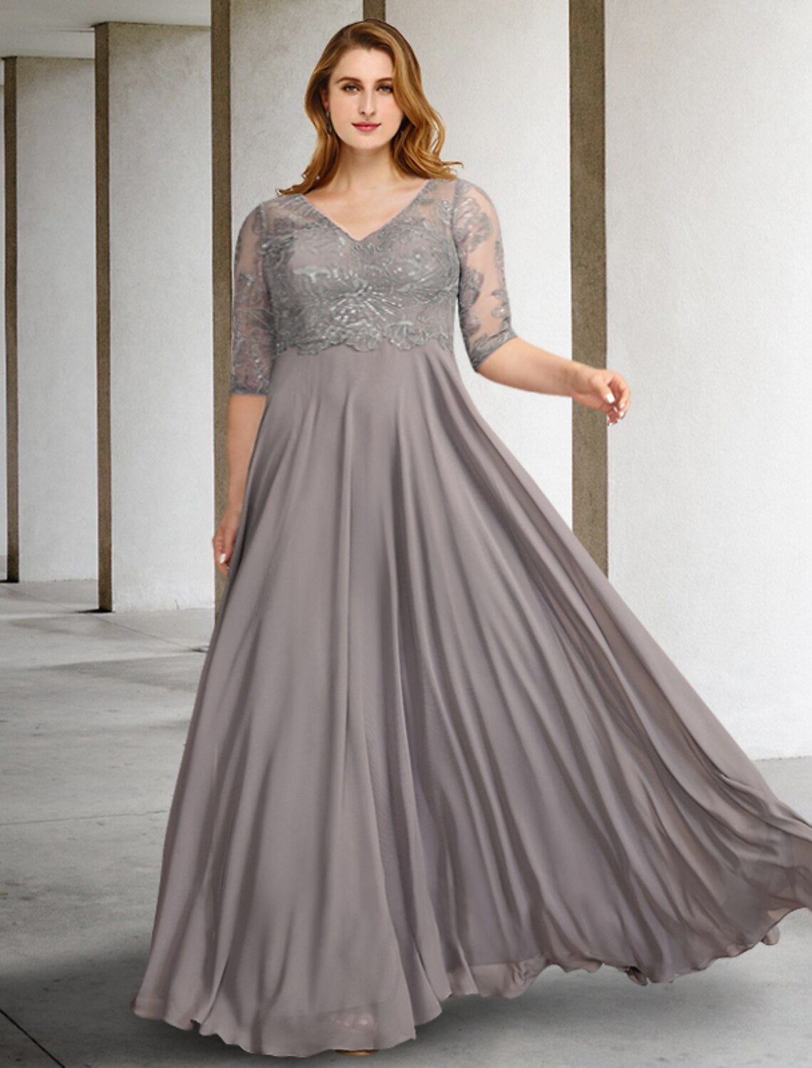 Abiti da sposa a trapezio per la madre della sposa, taglie forti, eleganti, con curve che nascondono la pancia, lunghi fino al pavimento, maniche corte, scollo a V, in chiffon con pieghe e applicazioni di paillettes