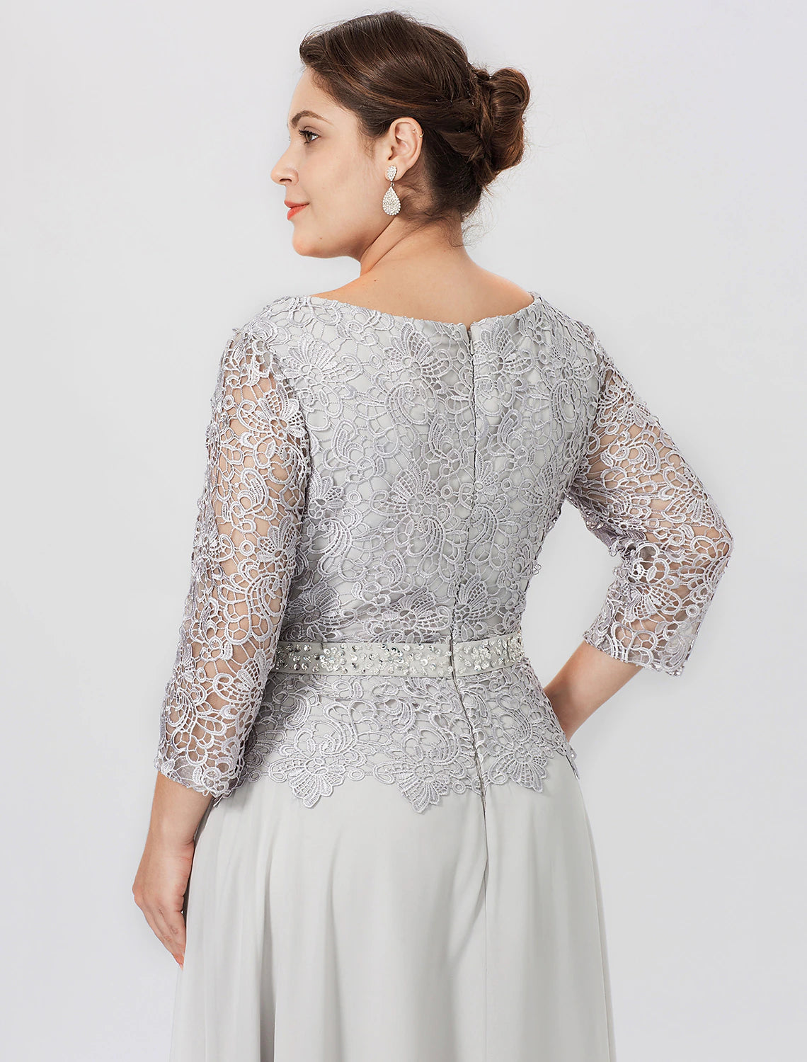 Vestido de madre de la novia con corte tubo/columna, formal, elegante, talla grande, escote joya, largo hasta el suelo, gasa, con cordón, encaje, manga 3/4, sin encaje