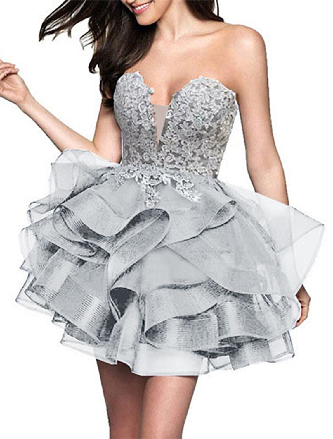 A-Line Minimalist Party Wear Sleeveless Strapless Satin with Appliques Tiered Short/Mini Homecoming Dresses