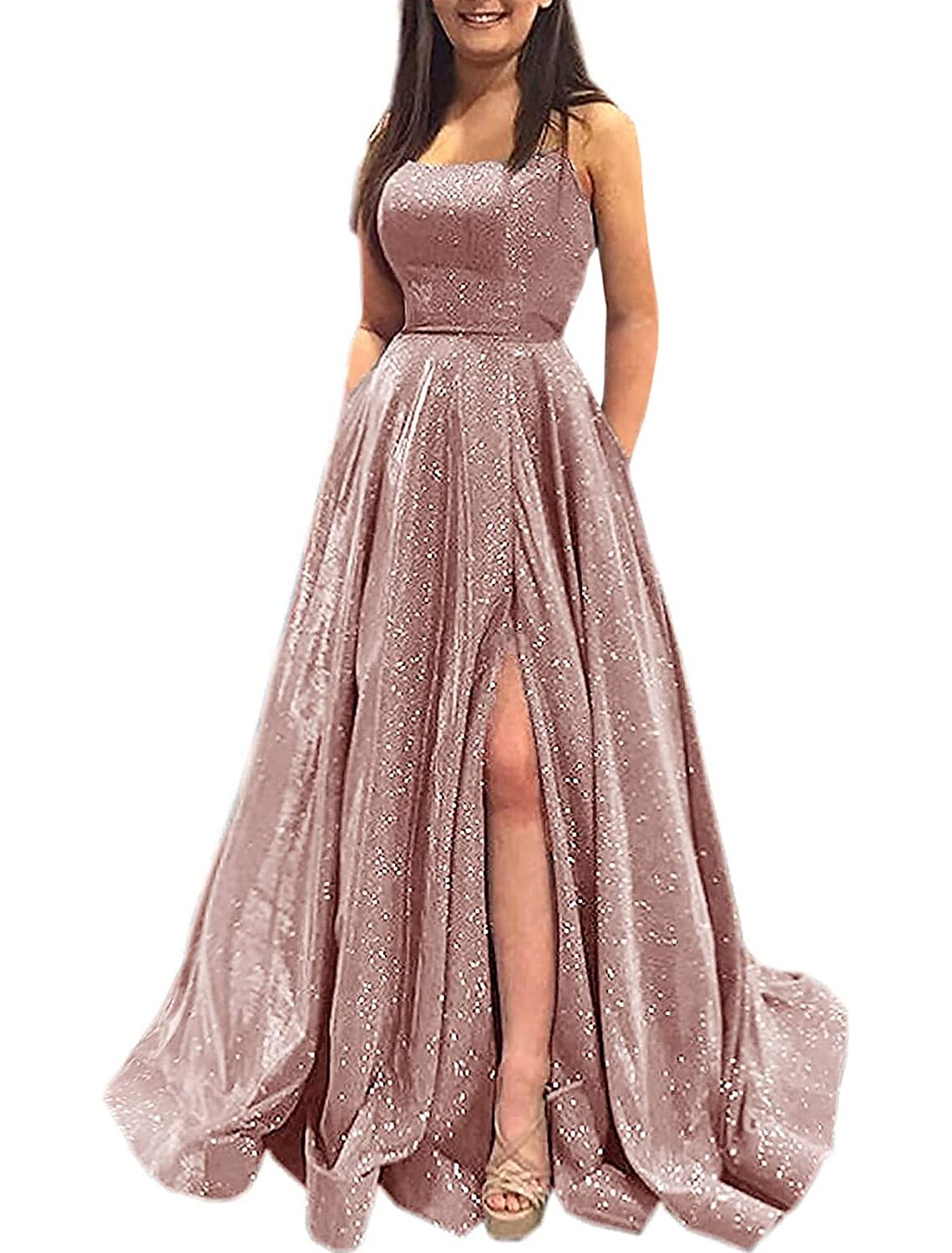 Abiti da ballo a trapezio, scintillanti e brillanti, lunghi fino al pavimento, senza maniche, senza spalline, in raso, senza schienale, con tasca a fessura