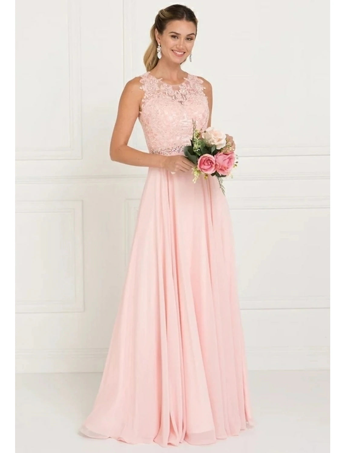 Blushing Pink Lace Chiffon A-Line Floor-Length Bridesmaid Dress, Illusion Neckline