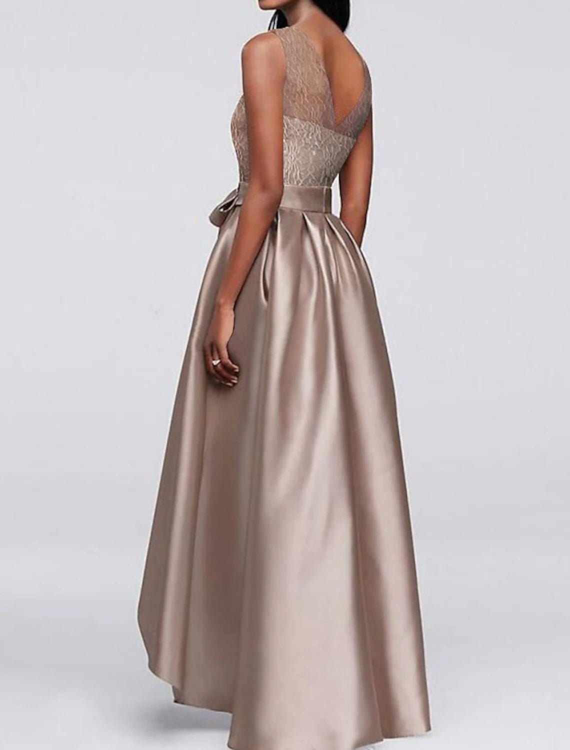 Abito da cerimonia per la madre della sposa, a trapezio, elegante, con scollo a V, asimmetrico, in raso, senza maniche, con fiocco/i